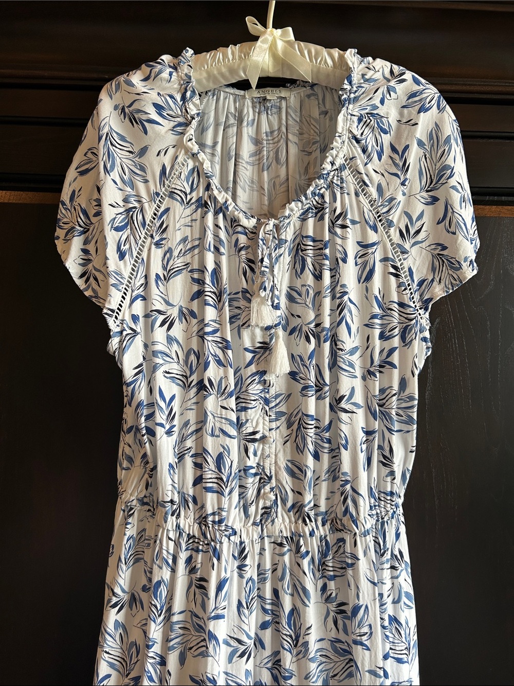 Angels White Dress with Blue Leaf Print• L